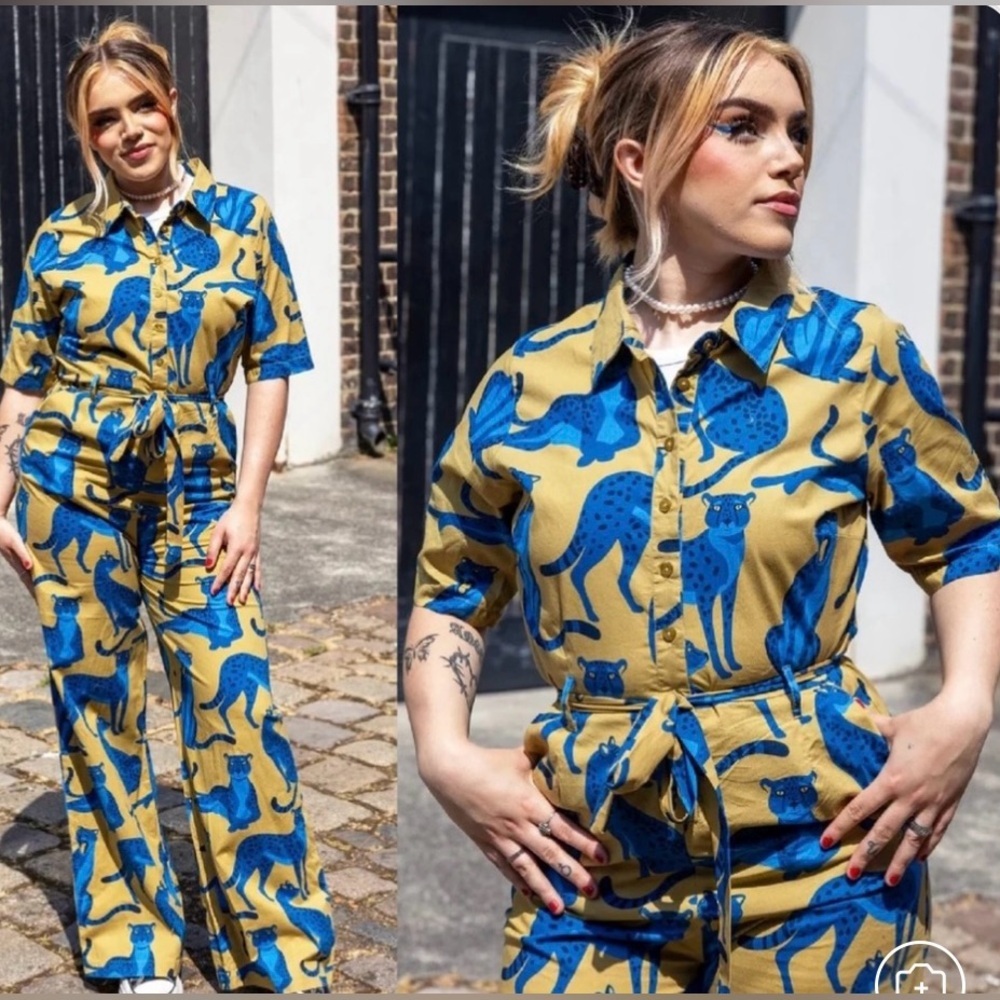 Blue and Tan Jumpsuit with Animal Print